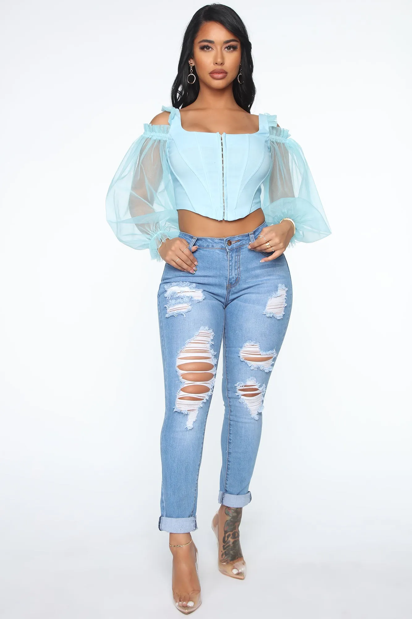 Ava Corset Ruffle Top - Blue