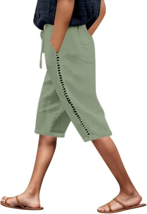 Capri Pants for Women Cotton Linen Capris Drawstring Elastic Waist Side Hollow Out Pants Straight Leg Cropped Trouser