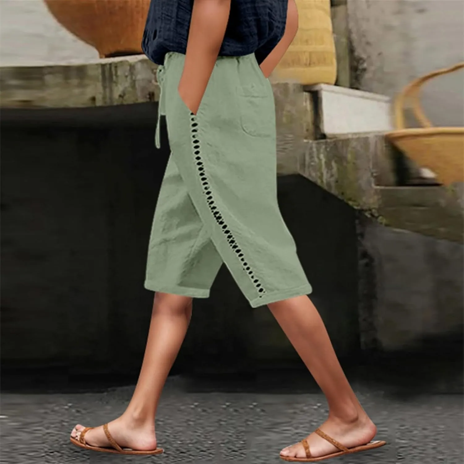 Capri Pants for Women Cotton Linen Capris Drawstring Elastic Waist Side Hollow Out Pants Straight Leg Cropped Trouser