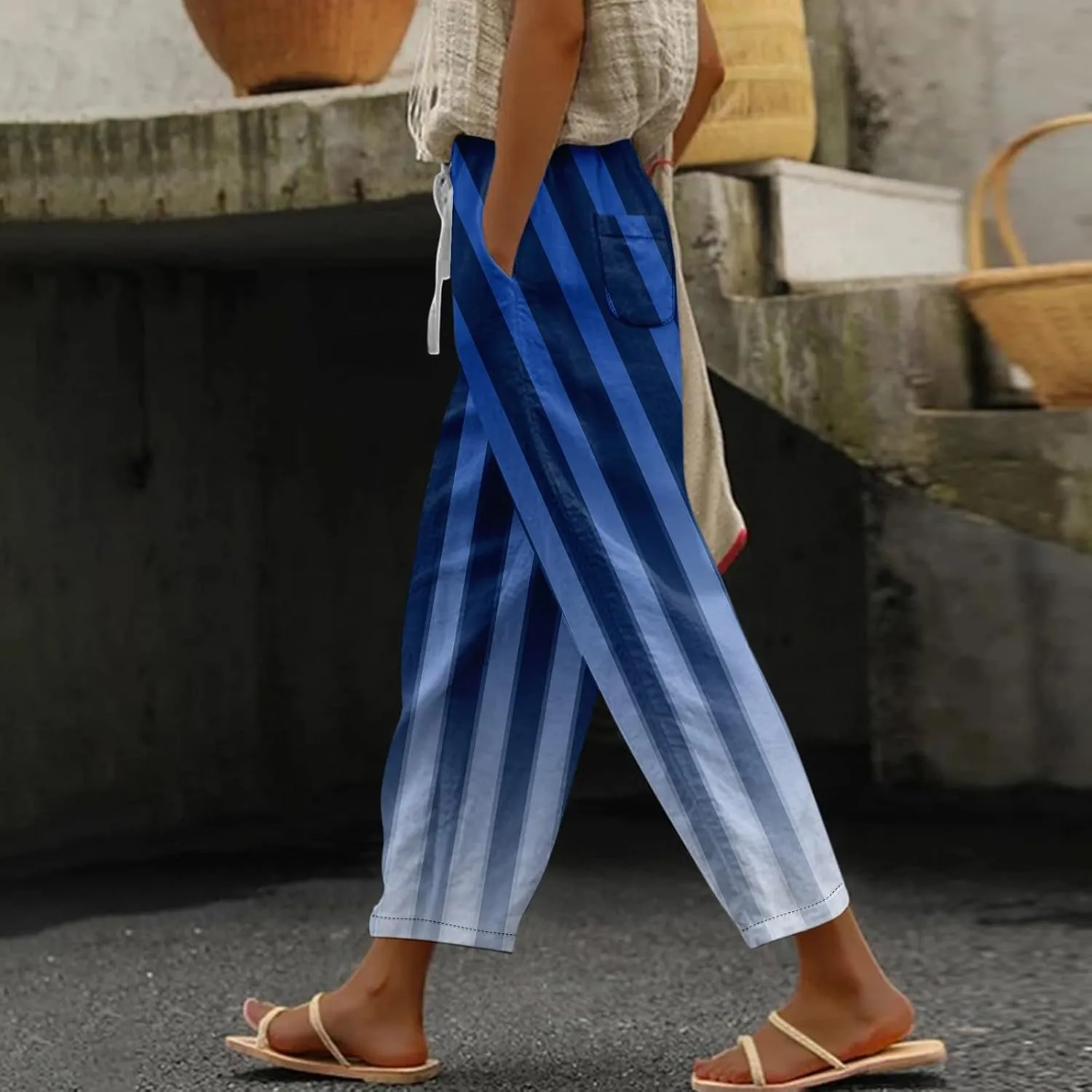 Capri Pants for Women- Flowy with Pockets Loose Casual Travel Trendy Workout Jogging Light Weight Stretch Striped