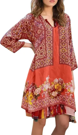 Casual Spring Summer Dresses for Women V-Neck 3/4 Long Sleeve Ruffle Floral Pattern Flowy Boho Mini Short Beach Dress Women's Tight (Color : Red, Size : 4X-Large)