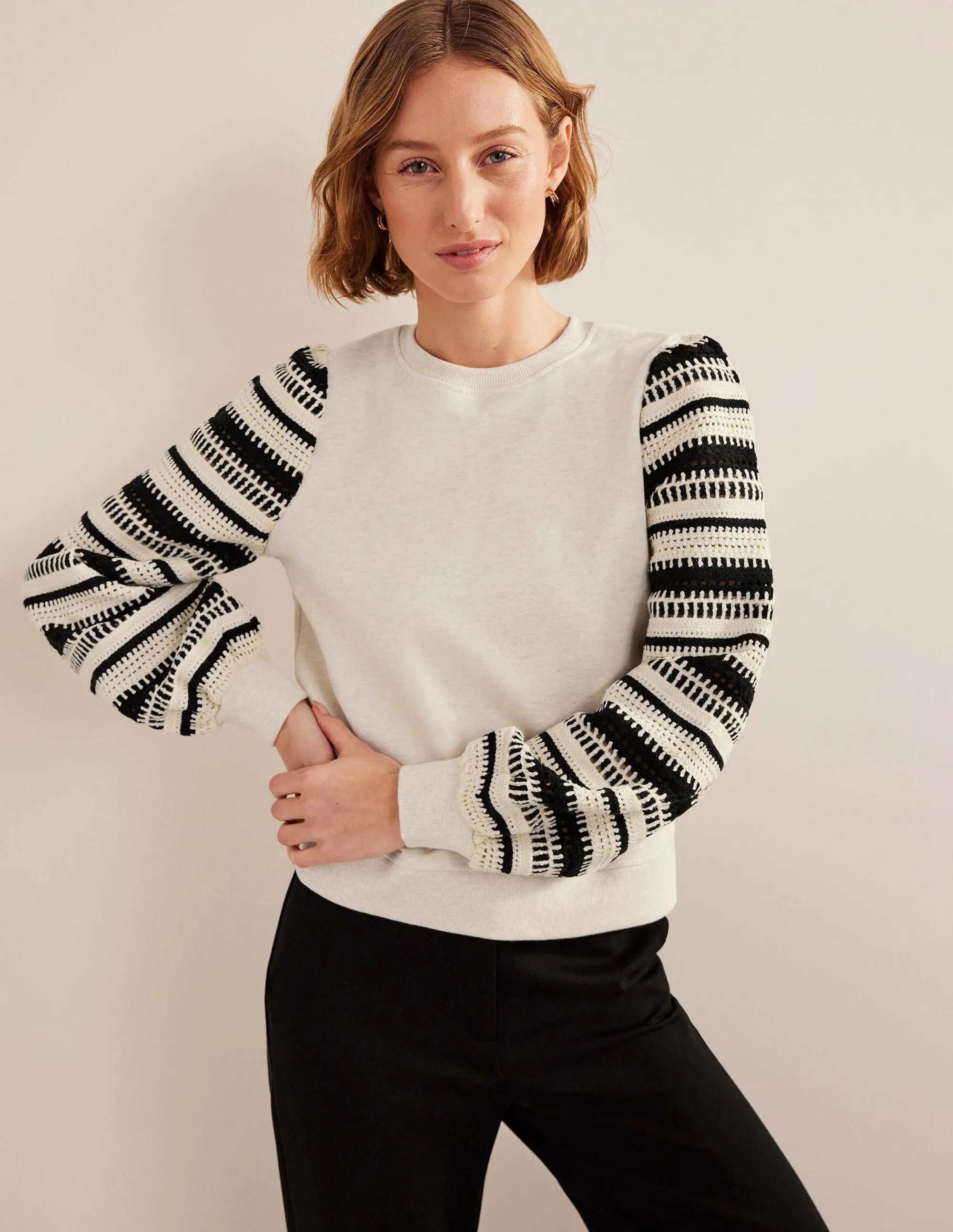 Crochet Sweatshirt-Oatmeal Marl, Crochet Sleeve