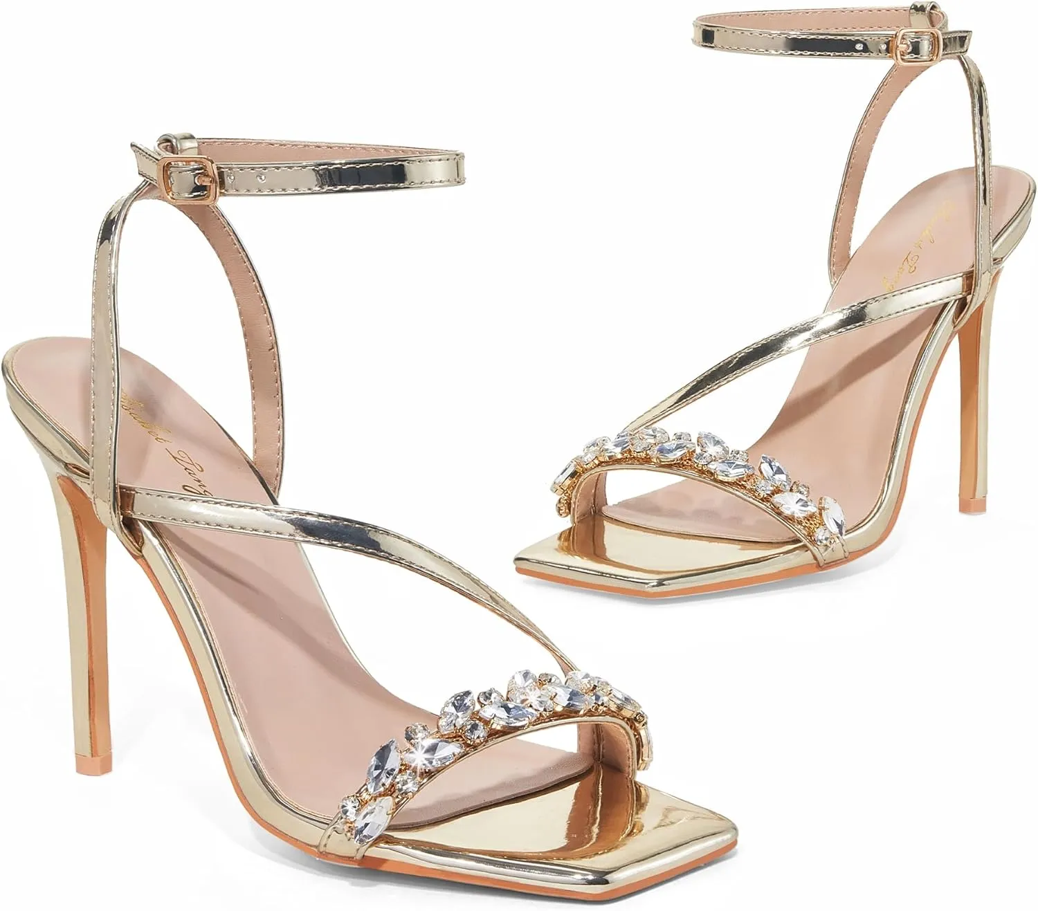 Elisabet Tang Womens Crystal Stilettos Heeled Sandals, 4 Inch Square Open Toe Strappy Sexy High Heels Ankle Strap Buckle Heels for Party Wedding Dress Daily Wear Shoes