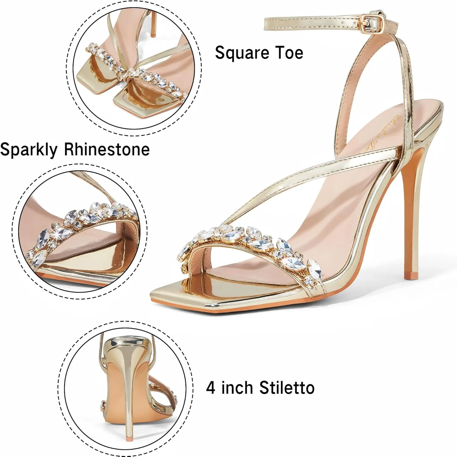 Elisabet Tang Womens Crystal Stilettos Heeled Sandals, 4 Inch Square Open Toe Strappy Sexy High Heels Ankle Strap Buckle Heels for Party Wedding Dress Daily Wear Shoes