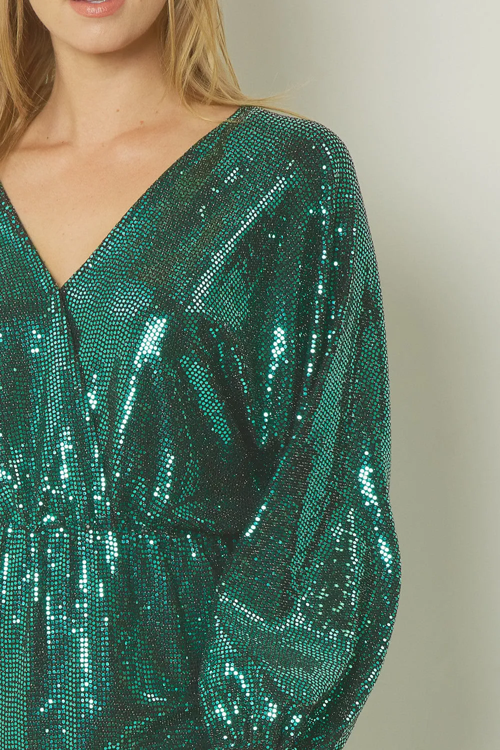Entro Shiny Green Metallic Long Sleeve Mini Dress
