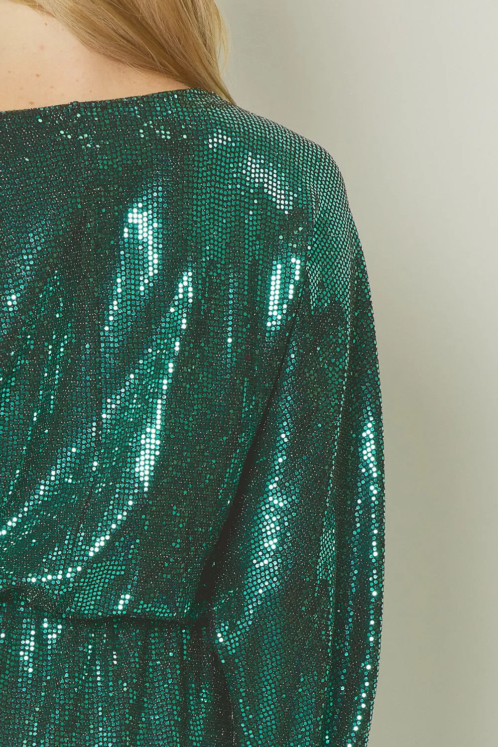 Entro Shiny Green Metallic Long Sleeve Mini Dress