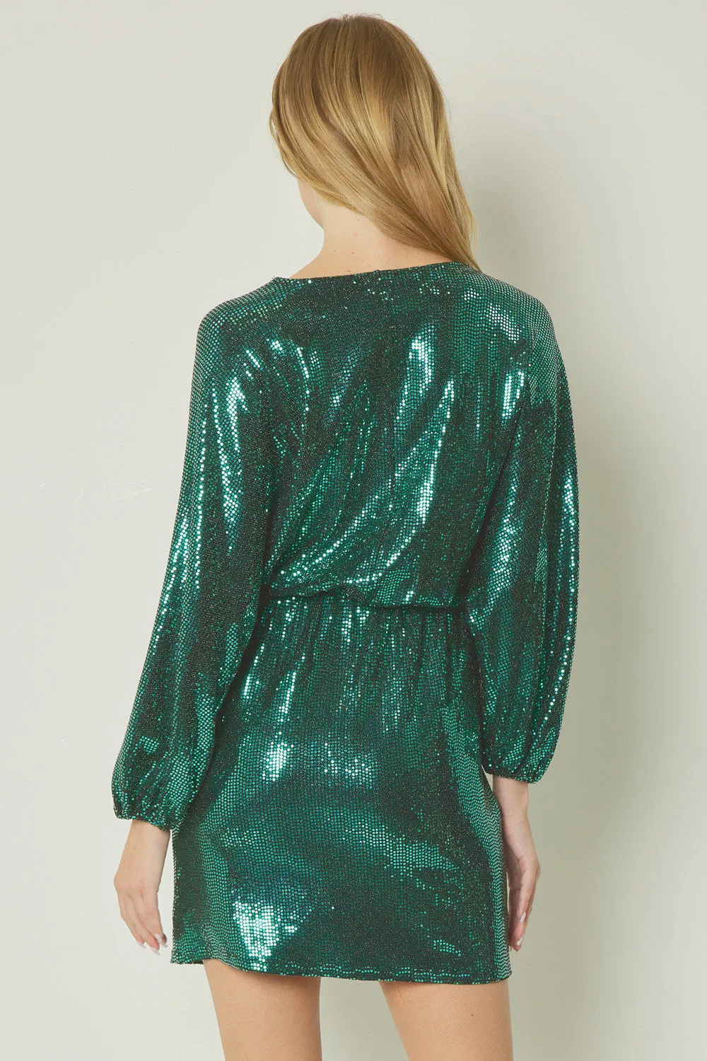 Entro Shiny Green Metallic Long Sleeve Mini Dress