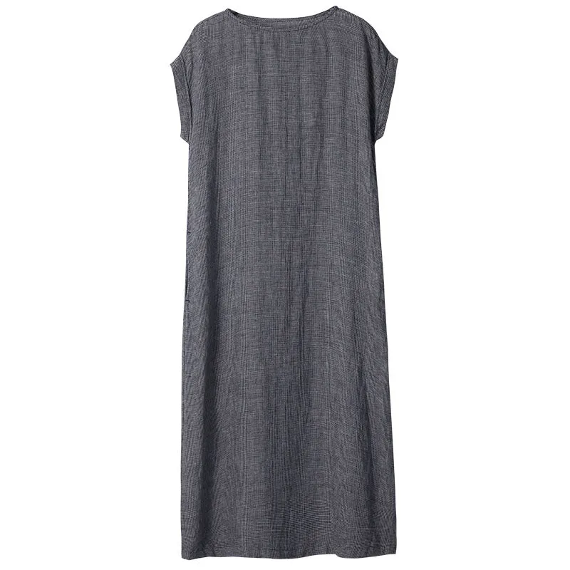 Gray Linen Women Dresses O Neck Summer Shift  Dresses XH9622