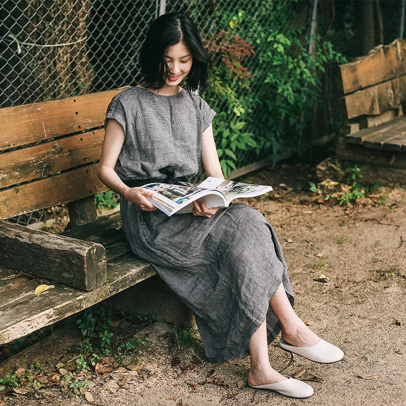 Gray Linen Women Dresses O Neck Summer Shift  Dresses XH9622