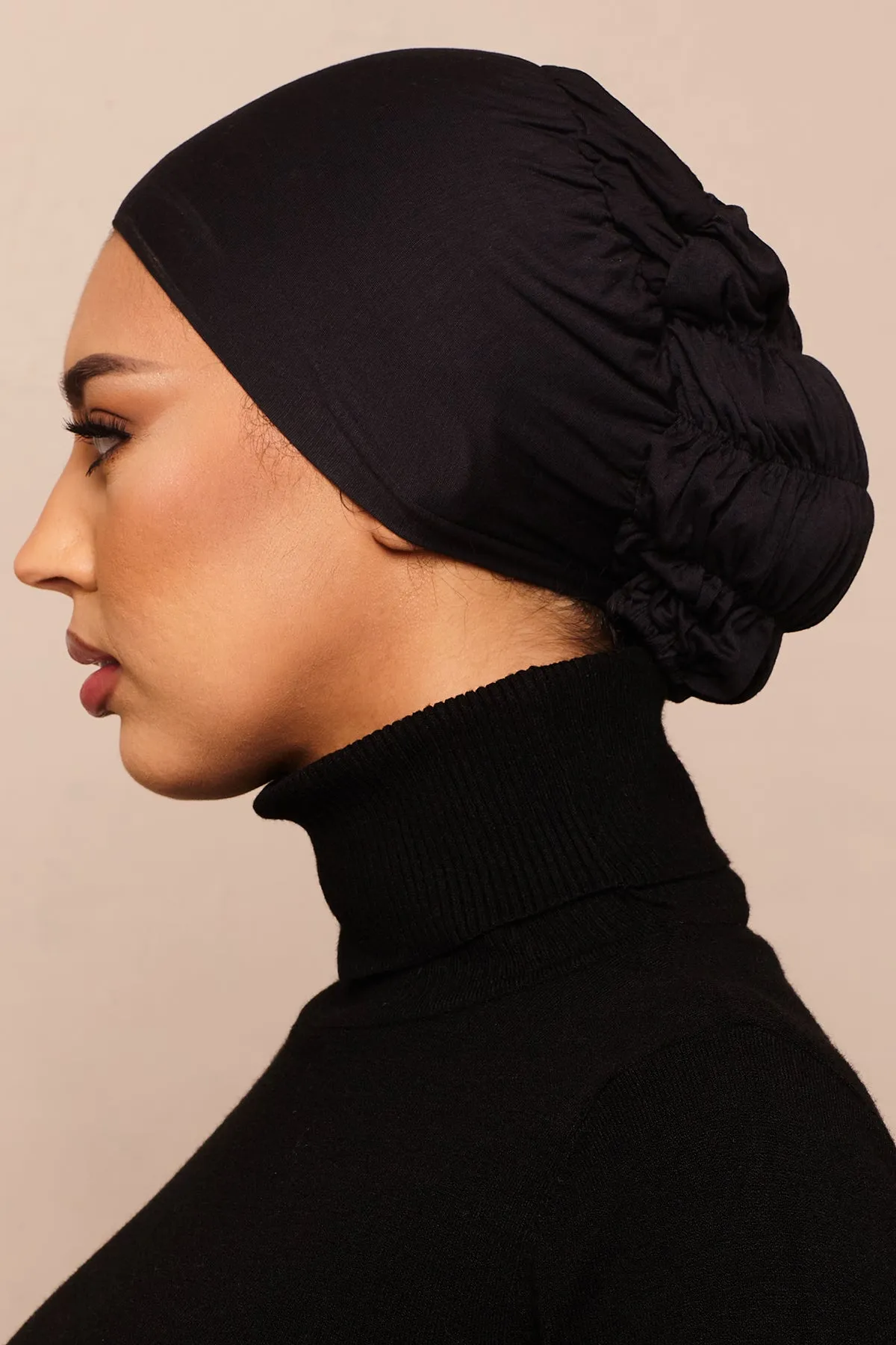 Jet Black Scrunchie Bamboo Jersey Hijab Cap