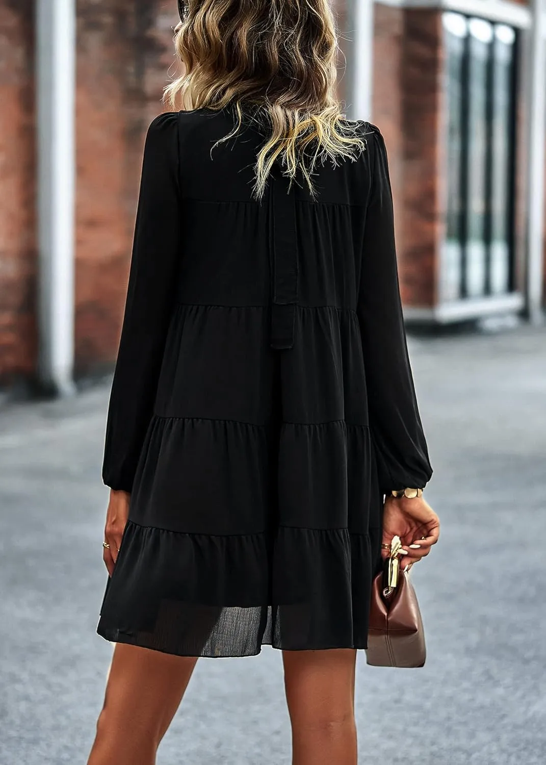 KIRUNDO Women Spring Long Sleeve Ruffle Mock Neck Tiered Mini Babydoll Dress 2025 Casual Summer Flowy Swing Tunic Shift Dress