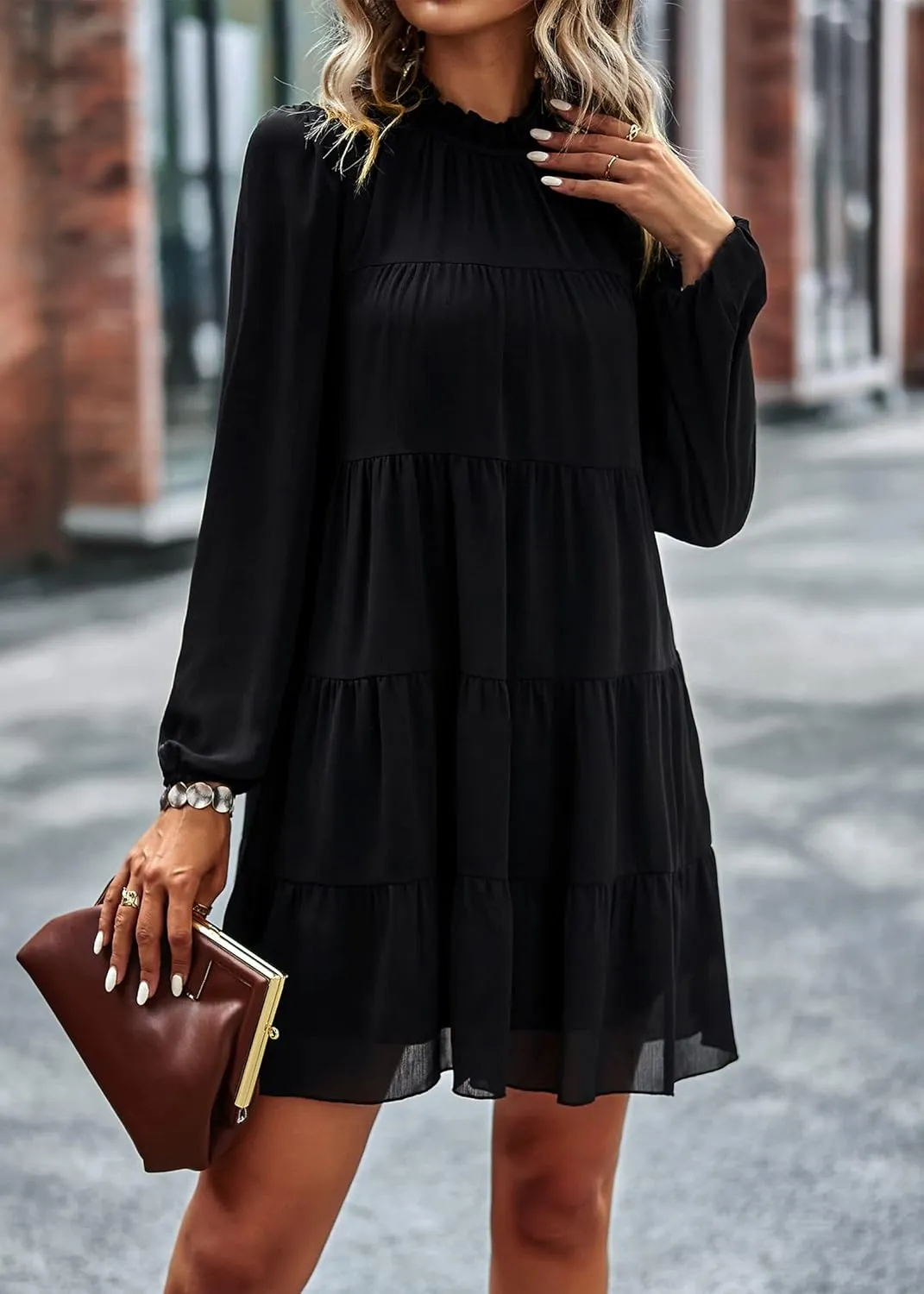 KIRUNDO Women Spring Long Sleeve Ruffle Mock Neck Tiered Mini Babydoll Dress 2025 Casual Summer Flowy Swing Tunic Shift Dress