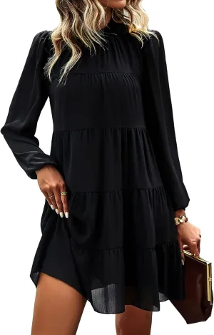 KIRUNDO Women Spring Long Sleeve Ruffle Mock Neck Tiered Mini Babydoll Dress 2025 Casual Summer Flowy Swing Tunic Shift Dress