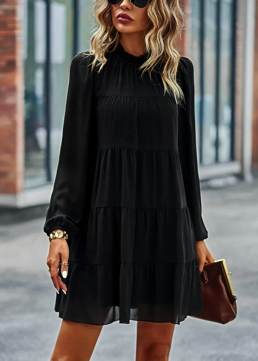 KIRUNDO Women Spring Long Sleeve Ruffle Mock Neck Tiered Mini Babydoll Dress 2025 Casual Summer Flowy Swing Tunic Shift Dress