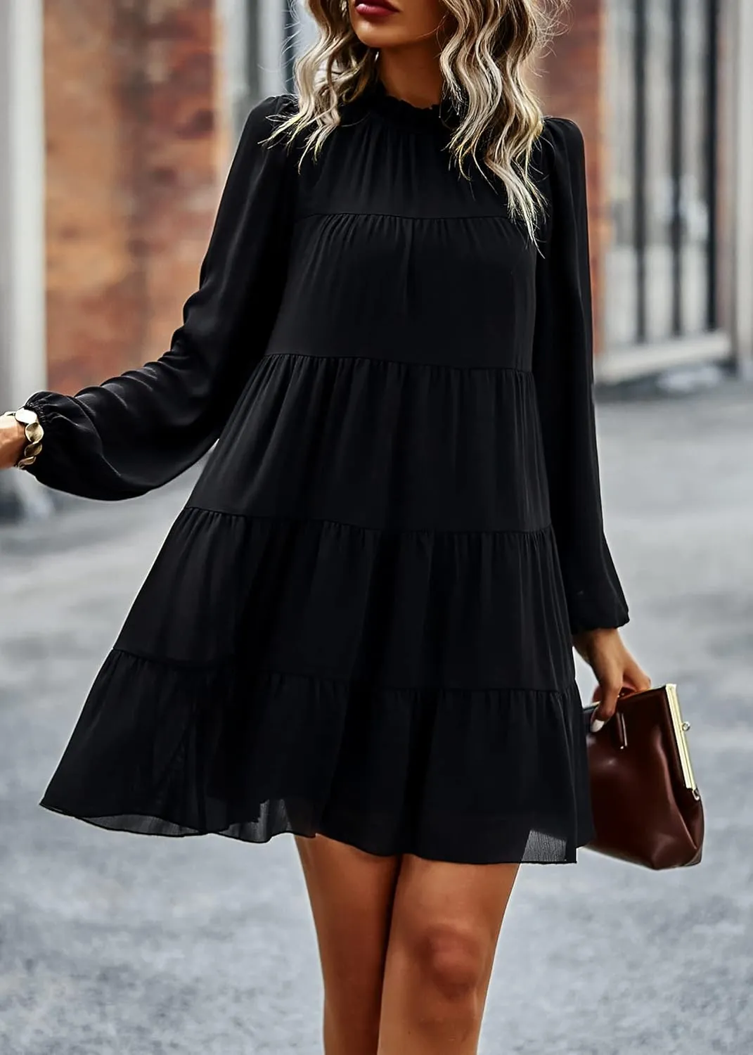 KIRUNDO Women Spring Long Sleeve Ruffle Mock Neck Tiered Mini Babydoll Dress 2025 Casual Summer Flowy Swing Tunic Shift Dress