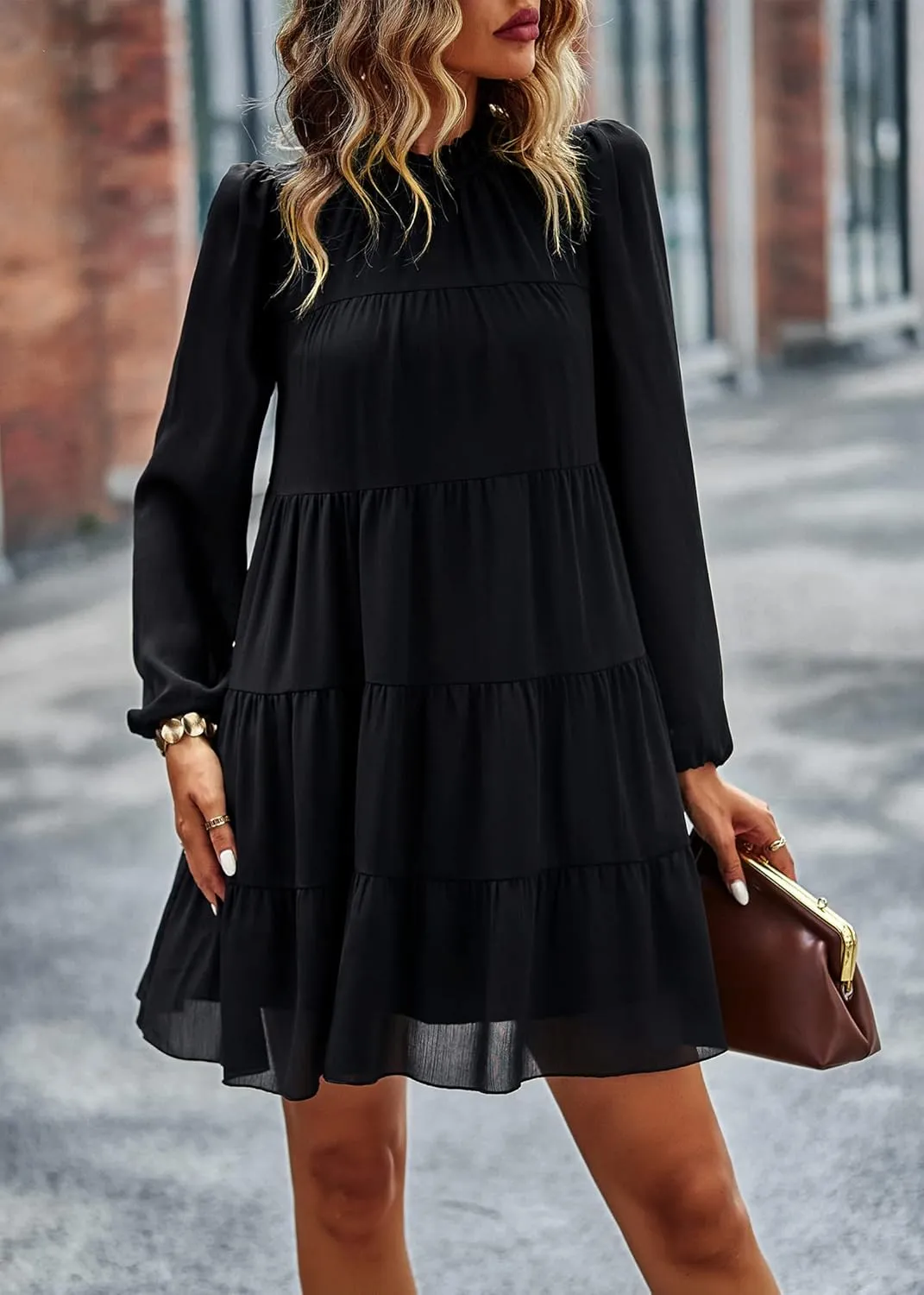 KIRUNDO Women Spring Long Sleeve Ruffle Mock Neck Tiered Mini Babydoll Dress 2025 Casual Summer Flowy Swing Tunic Shift Dress