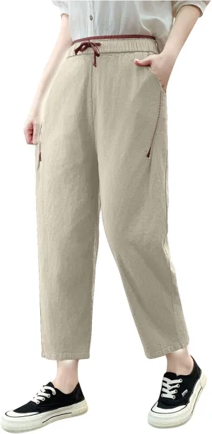Linen Pants Women High Waist Pants Drawstring Elastic Waist Pant Straight Leg Beach Vacation Trousers 2025 Outfits