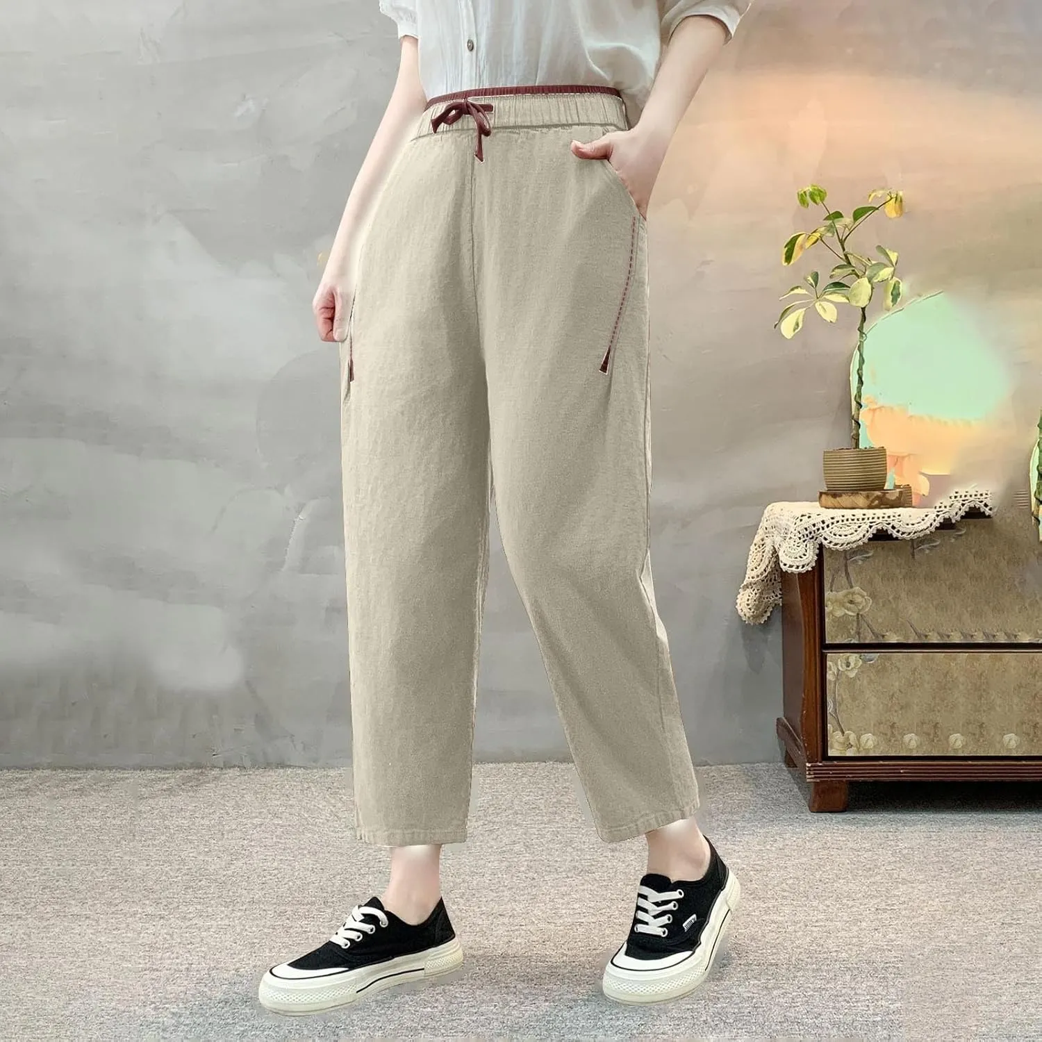 Linen Pants Women High Waist Pants Drawstring Elastic Waist Pant Straight Leg Beach Vacation Trousers 2025 Outfits
