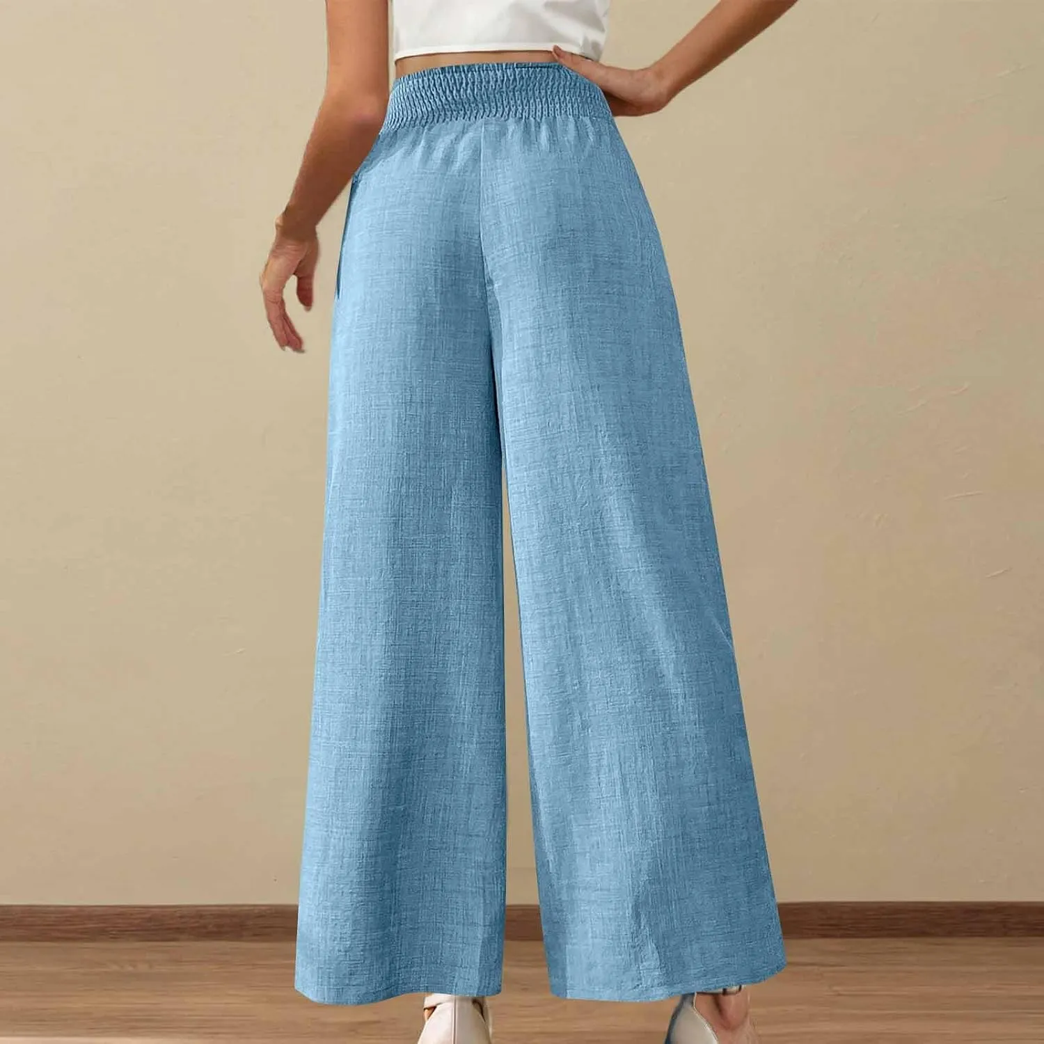 Linen Pants Women Loose Fit Summer High Waist Lounge Pants Plus Size Comfy Flowy Palazzo Trousers with Pockets 2025