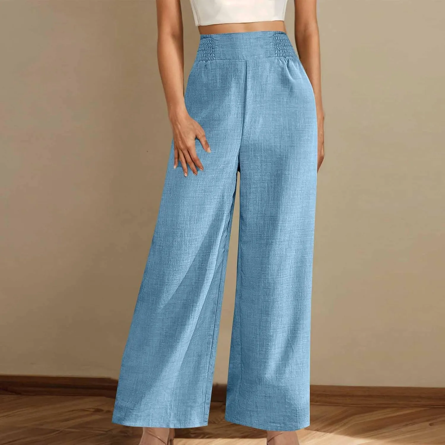 Linen Pants Women Loose Fit Summer High Waist Lounge Pants Plus Size Comfy Flowy Palazzo Trousers with Pockets 2025