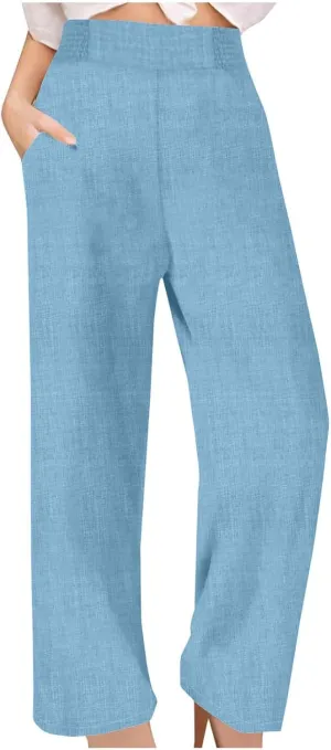 Linen Pants Women Loose Fit Summer High Waist Lounge Pants Plus Size Comfy Flowy Palazzo Trousers with Pockets 2025
