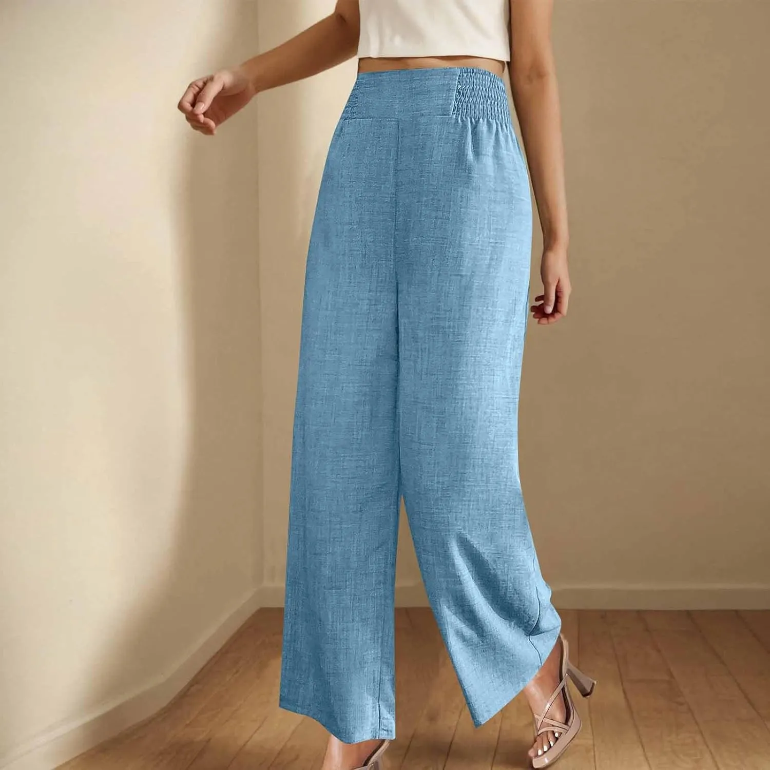 Linen Pants Women Loose Fit Summer High Waist Lounge Pants Plus Size Comfy Flowy Palazzo Trousers with Pockets 2025