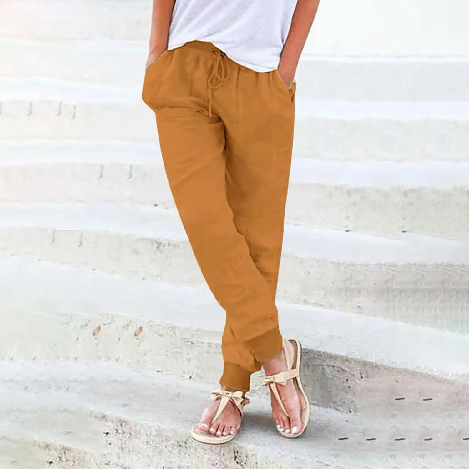 Linen Pants Women Petite Casual Summer Loose Solid Color Straight Leg Beach High Waist Linen Pants Plus Size Ankle Trousers