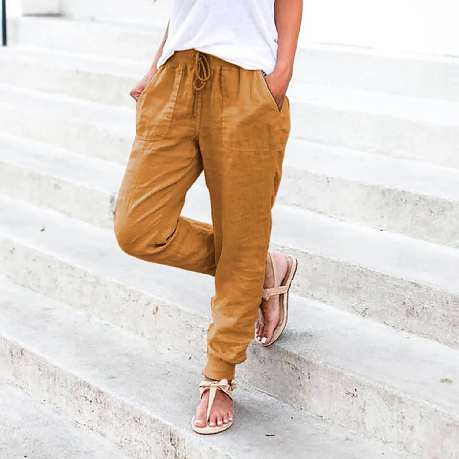 Linen Pants Women Petite Casual Summer Loose Solid Color Straight Leg Beach High Waist Linen Pants Plus Size Ankle Trousers