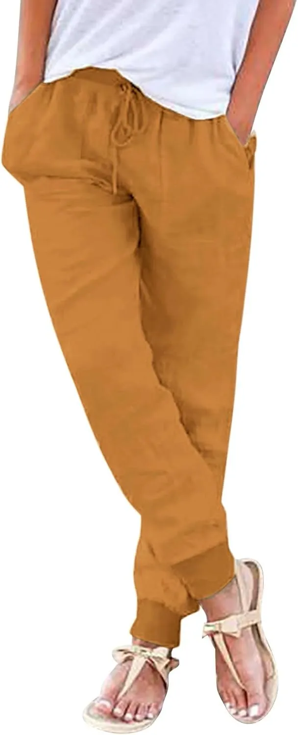 Linen Pants Women Petite Casual Summer Loose Solid Color Straight Leg Beach High Waist Linen Pants Plus Size Ankle Trousers