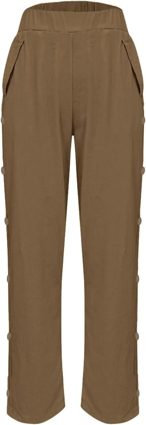 Linen Pants Women Plus Size Summer Side Button Elastic Waist Harem Pants Casual Loose Trousers Vacation Outfits