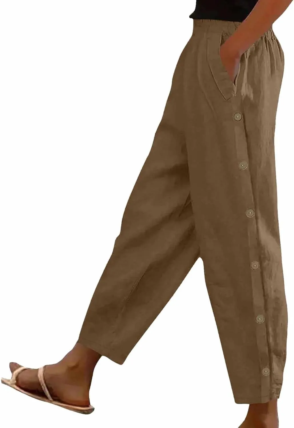 Linen Pants Women Plus Size Summer Side Button Elastic Waist Harem Pants Casual Loose Trousers Vacation Outfits