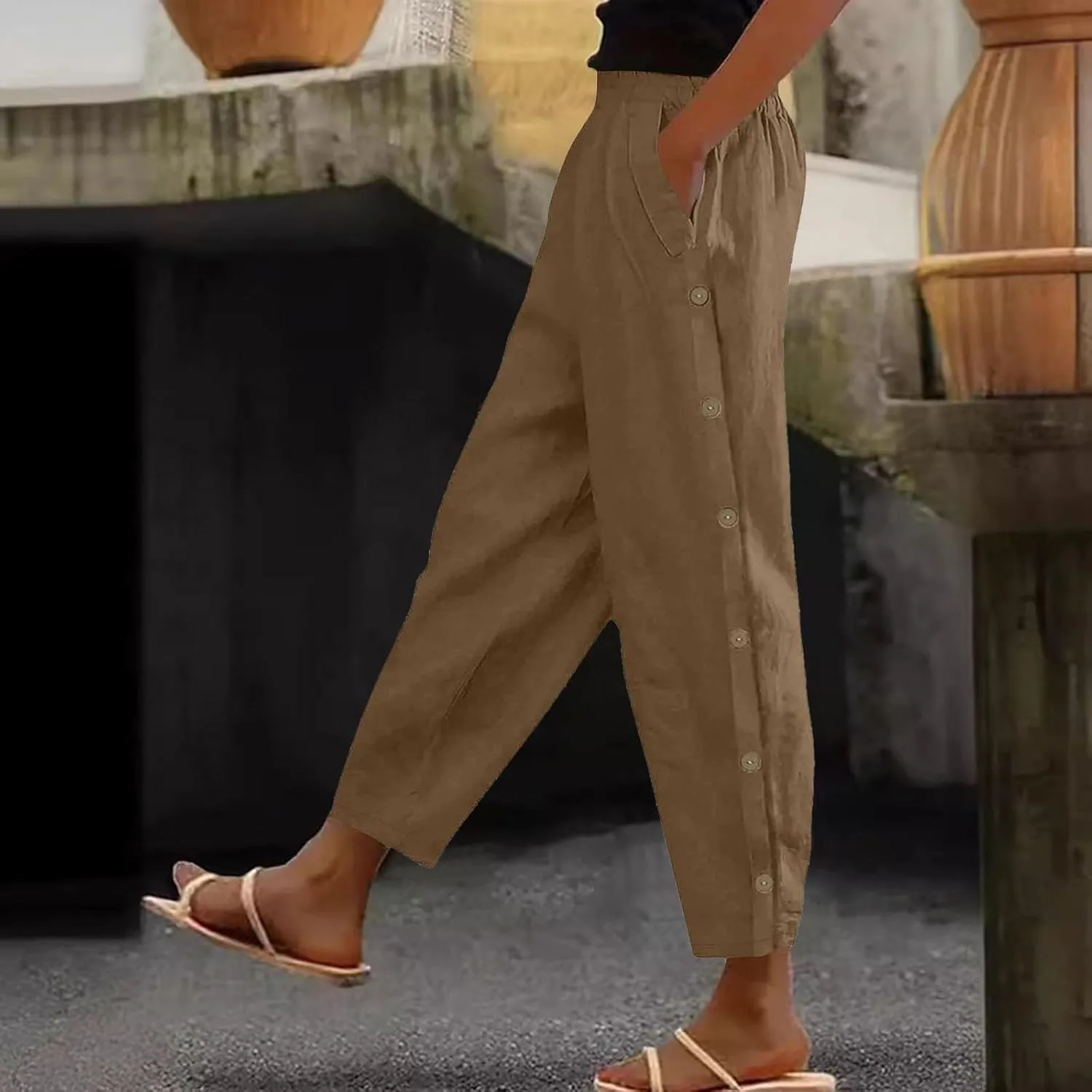 Linen Pants Women Plus Size Summer Side Button Elastic Waist Harem Pants Casual Loose Trousers Vacation Outfits