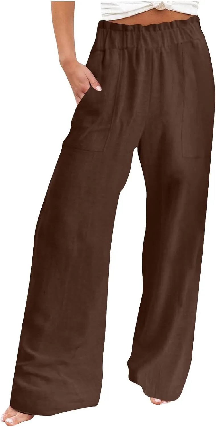 Linen Pants Women Summer Beach High Waisted Cotton Linen Palazzo Pants Wide Leg Long Lounge Pant Trousers with Pockets