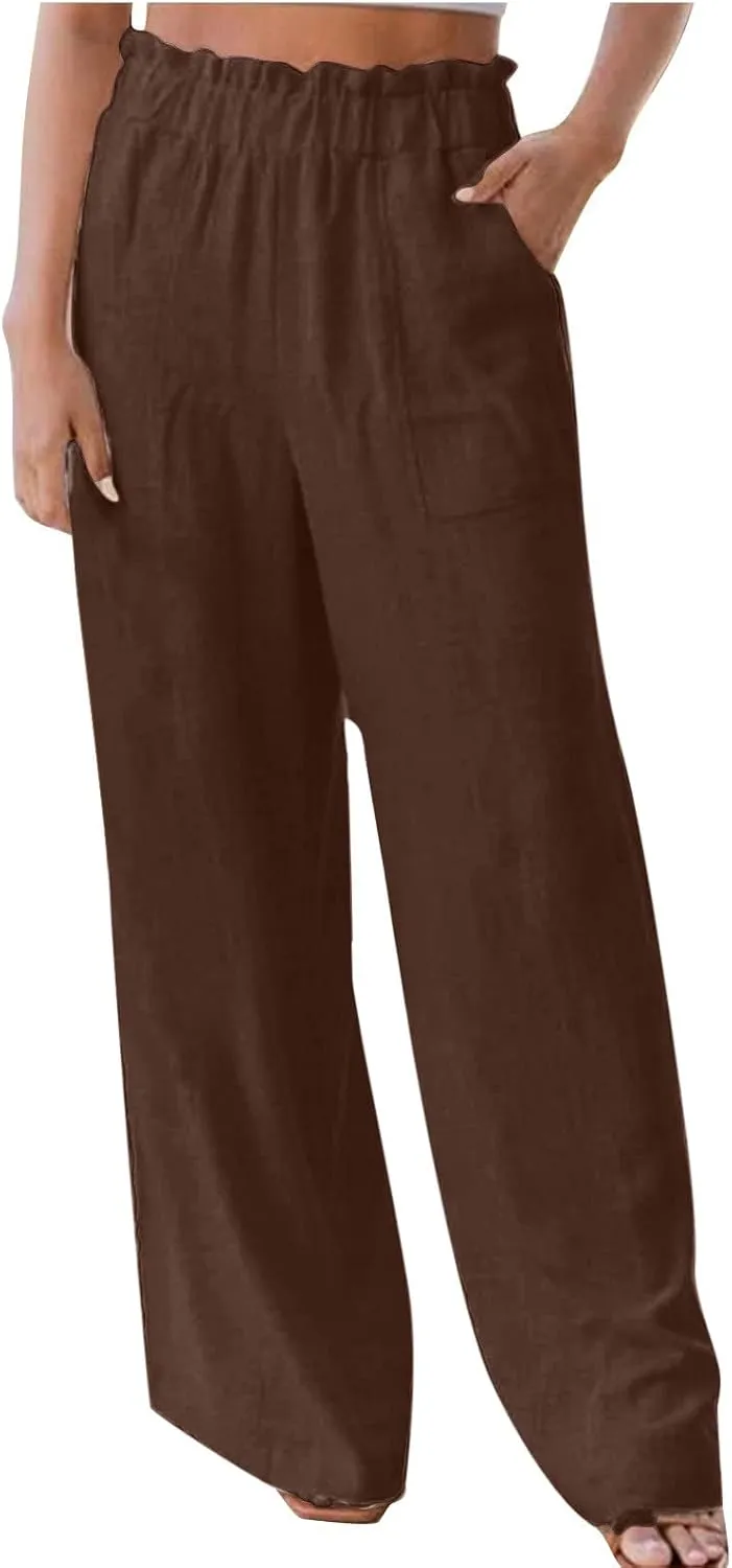 Linen Pants Women Summer Beach High Waisted Cotton Linen Palazzo Pants Wide Leg Long Lounge Pant Trousers with Pockets