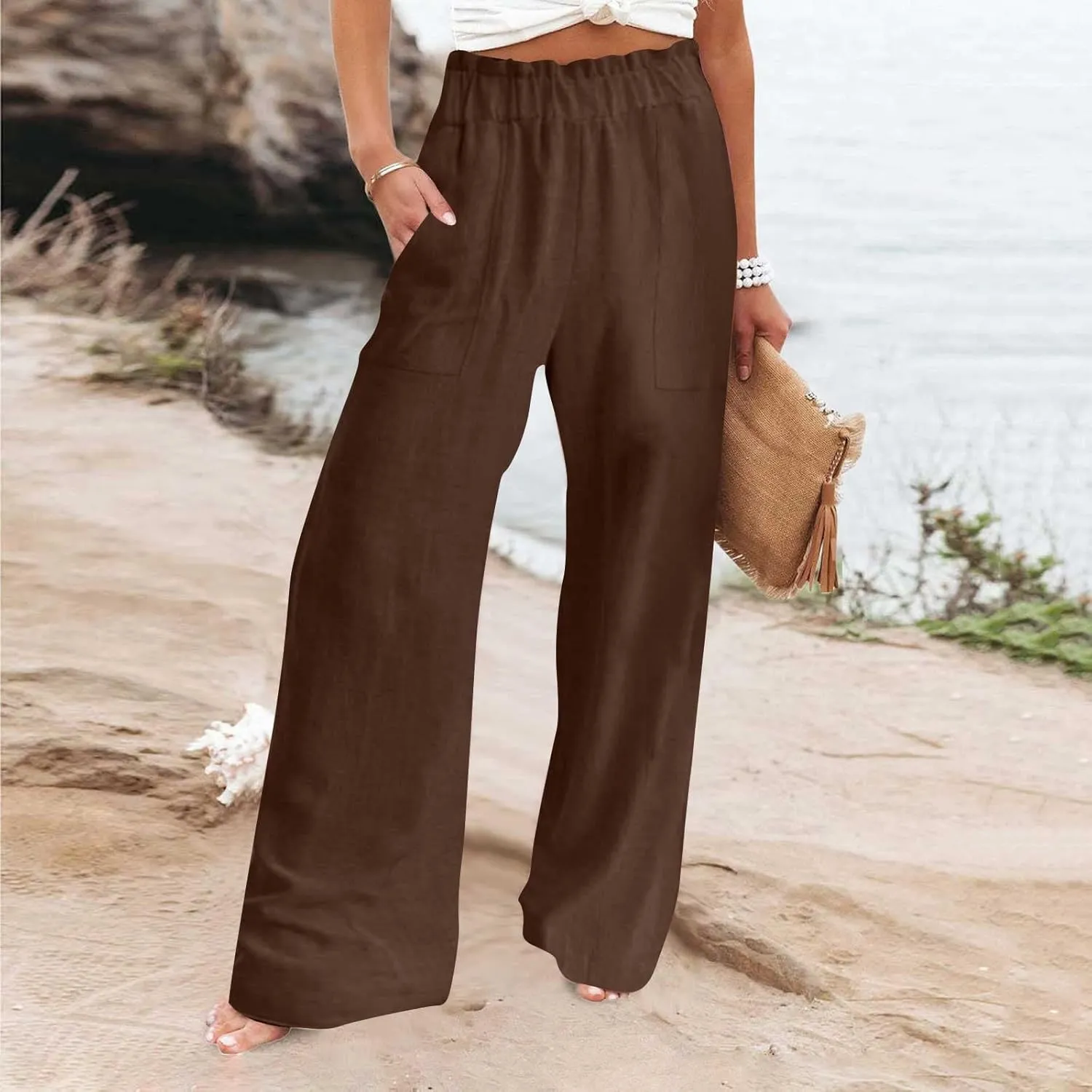 Linen Pants Women Summer Beach High Waisted Cotton Linen Palazzo Pants Wide Leg Long Lounge Pant Trousers with Pockets