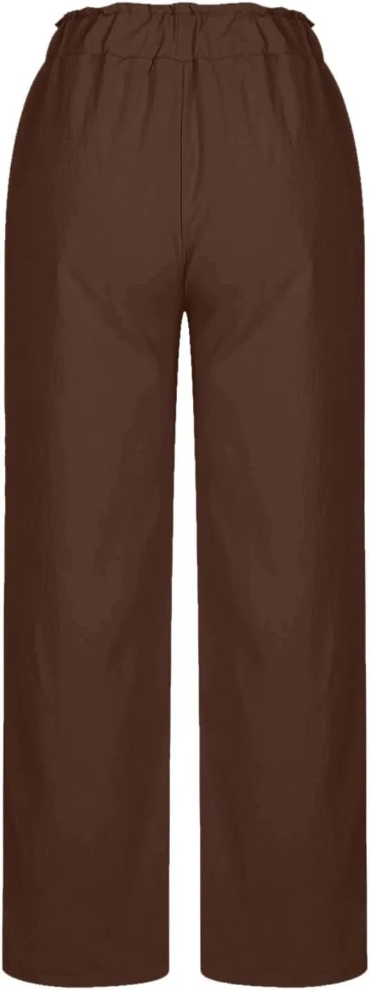 Linen Pants Women Summer Beach High Waisted Cotton Linen Palazzo Pants Wide Leg Long Lounge Pant Trousers with Pockets