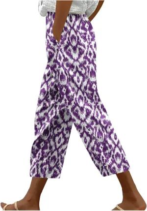 Linen Pants Women with Pockets Stylish Floral Print Straight Leg Pants Summer Petite High Waist Cropped Trousers