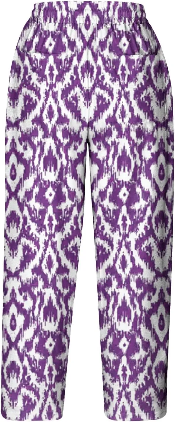 Linen Pants Women with Pockets Stylish Floral Print Straight Leg Pants Summer Petite High Waist Cropped Trousers
