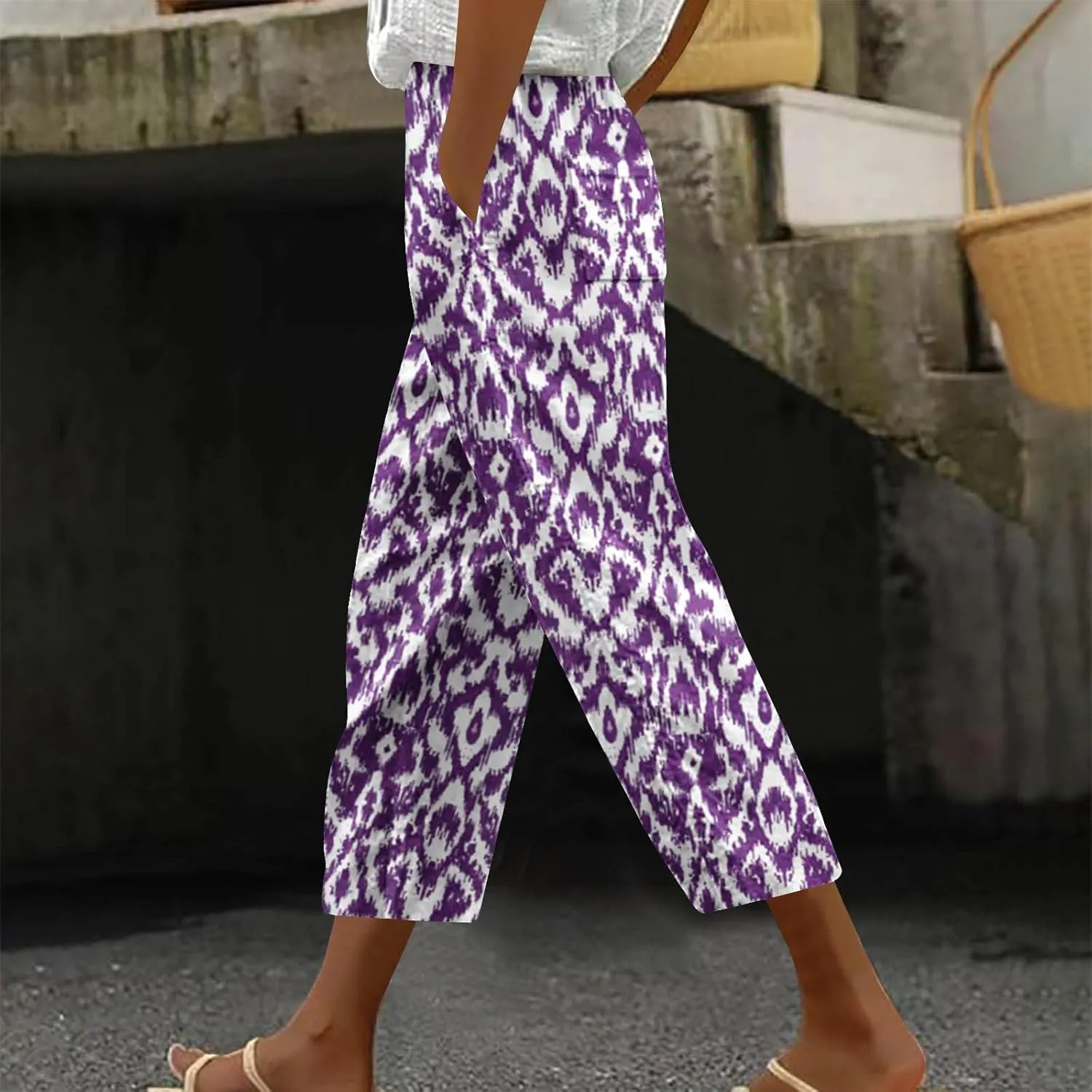 Linen Pants Women with Pockets Stylish Floral Print Straight Leg Pants Summer Petite High Waist Cropped Trousers