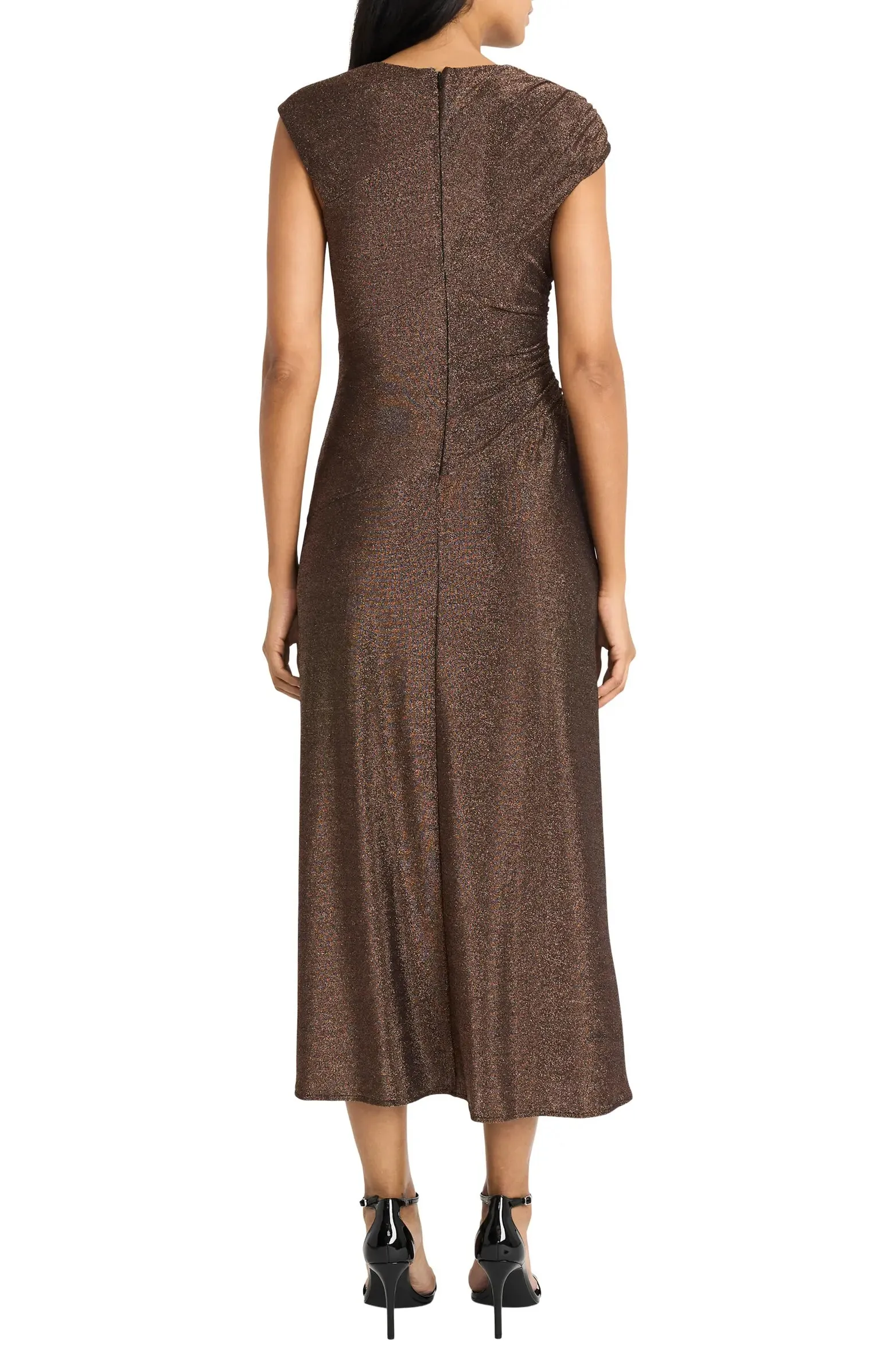 Maggy London Cap Sleeve Metallic Midi Dress In Copper