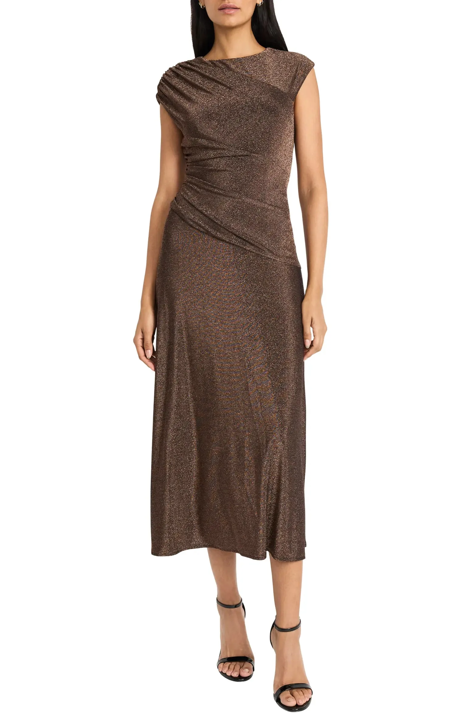 Maggy London Cap Sleeve Metallic Midi Dress In Copper