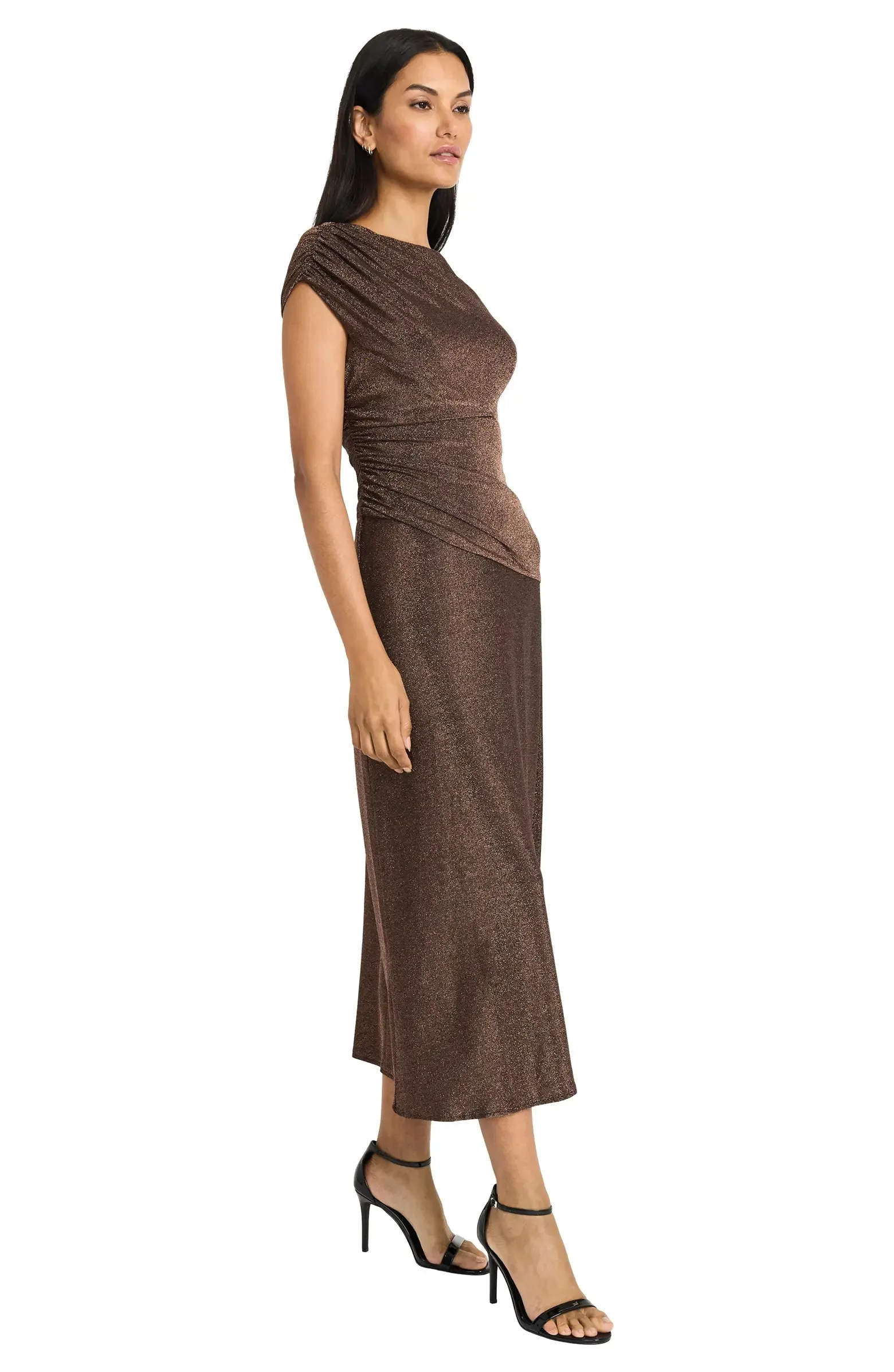 Maggy London Cap Sleeve Metallic Midi Dress In Copper