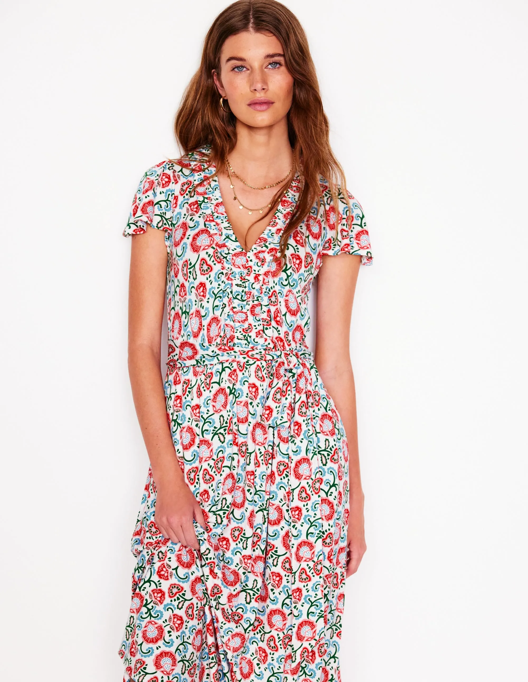 Nicola Jersey Tea Dress-Ivory, Garden Vine