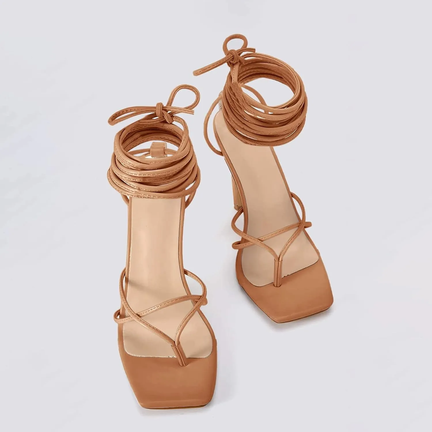 PiePieBuy Women's Lace Up Heeled Sandals Square Flip Flop High Heels Strappy Party Shoes