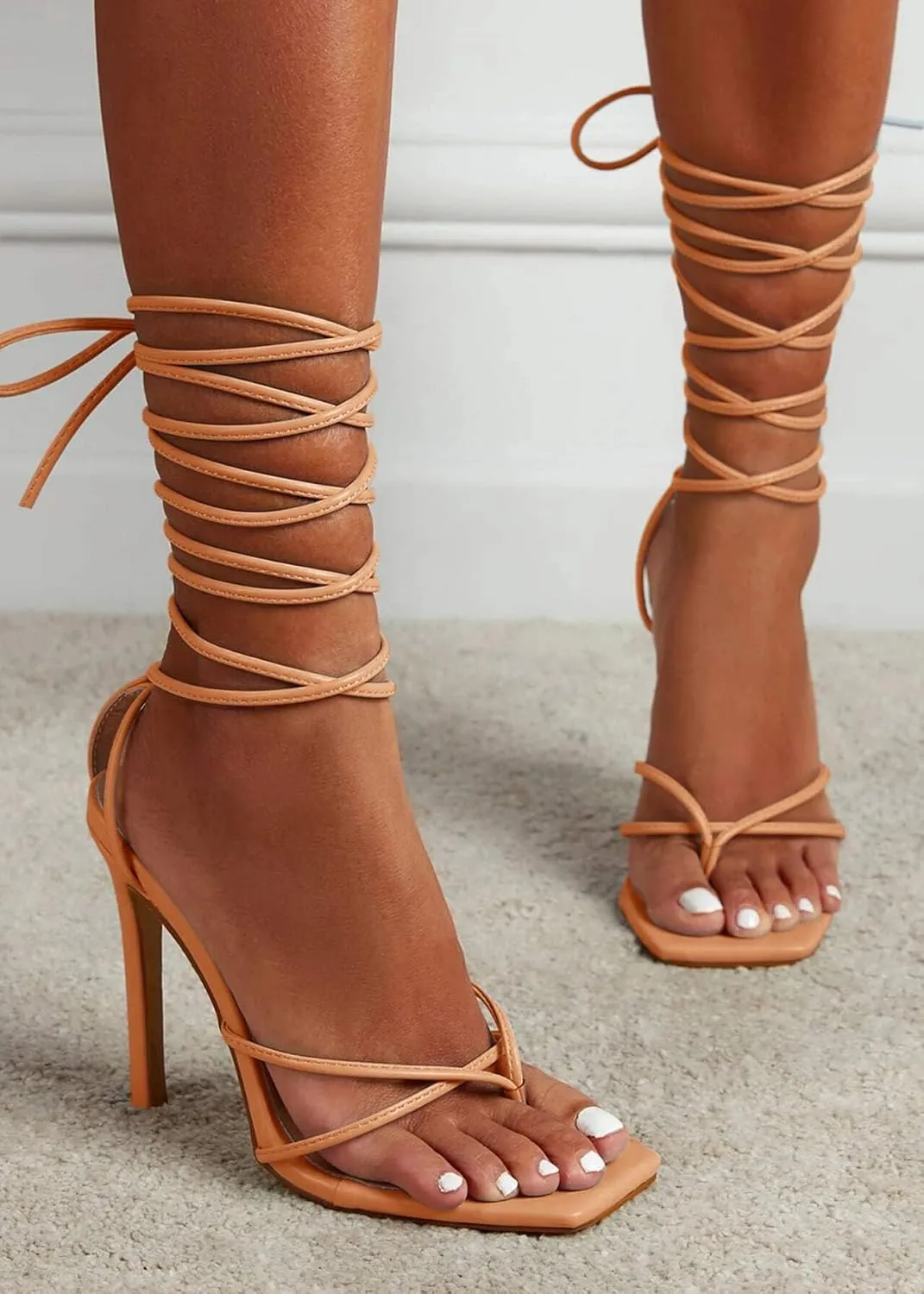 PiePieBuy Women's Lace Up Heeled Sandals Square Flip Flop High Heels Strappy Party Shoes