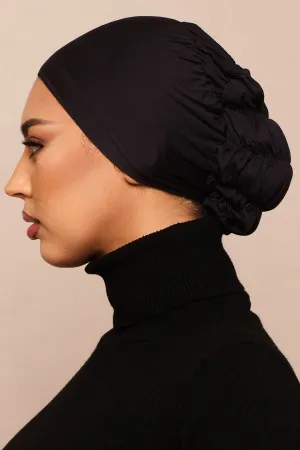 Satin-Blend Jet Black Scrunchie Bamboo Jersey Hijab Cap