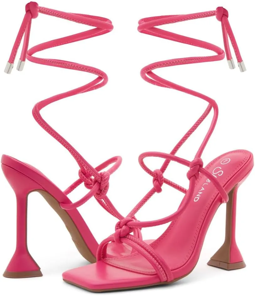 Shoe Land SL-Melody Women's Lace-Up Heels, Dressy Strappy High Heel Sandals, Square Open Toe with Tie-Up Ankle Wrap  Stiletto Heels for Prom, Party, and Wedding