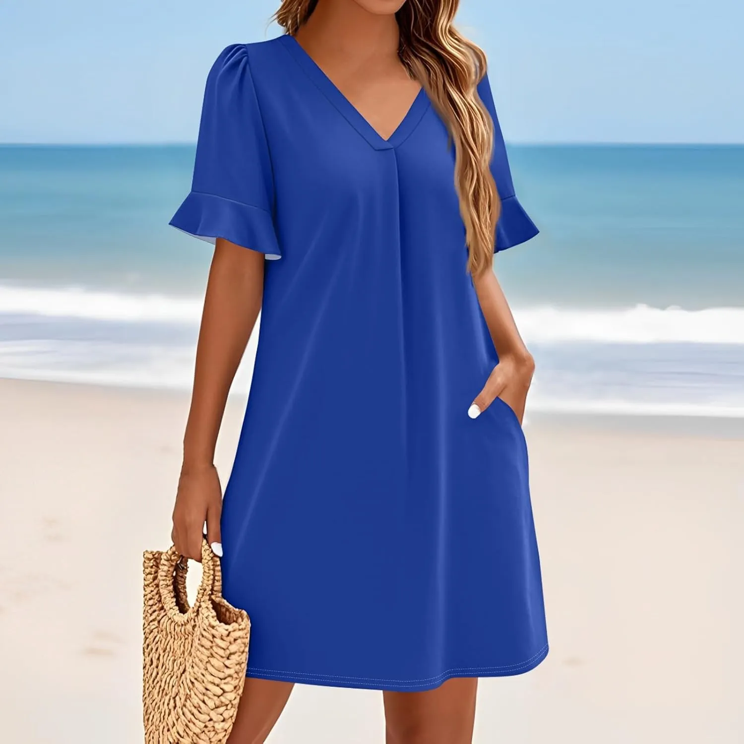 Summer Dresses for Women Ruffle Short Sleeve V Neck Casual Shift Dress with Pockets Beach Vacation Clothes