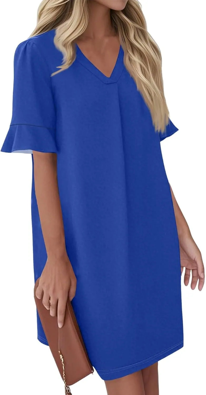 Summer Dresses for Women Ruffle Short Sleeve V Neck Casual Shift Dress with Pockets Beach Vacation Clothes
