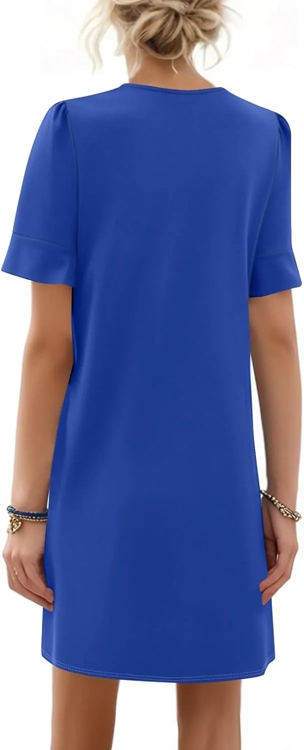 Summer Dresses for Women Ruffle Short Sleeve V Neck Casual Shift Dress with Pockets Beach Vacation Clothes